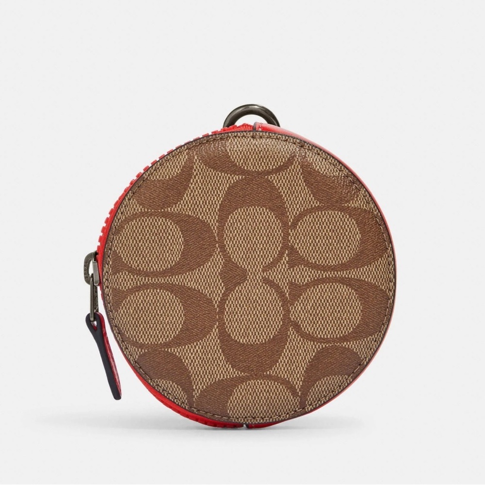 Coach Signature Circle Coin Pouch Red Trim Keychain
